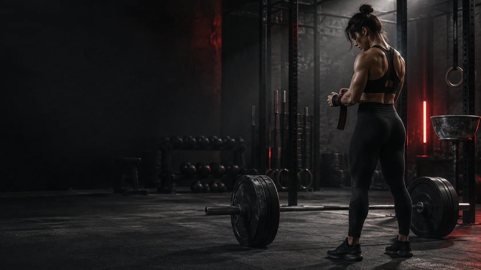 Athlete preparing for a gym workout beside a barbell